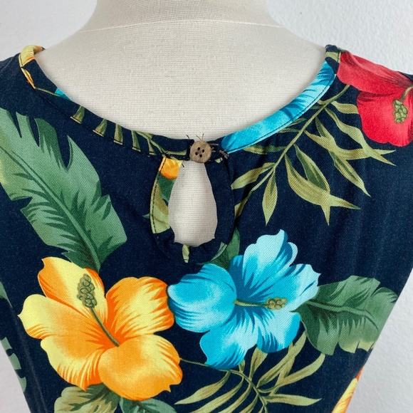 La Cabana Dark Blue Bright Floral Hawaiian Midi Dress Rayon Shift Sleeveless SM - Picture 8 of 10